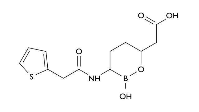 vaborbactam molecule, structural chemical formula, ball-and-stick model, isolated image non-b-lactam b-lactamase inhibitor
