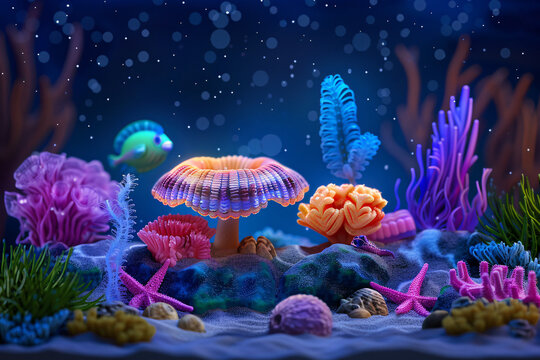Underwater Dreams: A vibrant coral reef comes to life in this mesmerizing underwater scene, featuring colorful fish, seahorses, and starfish against a backdrop of twinkling blue water. Explore the bea