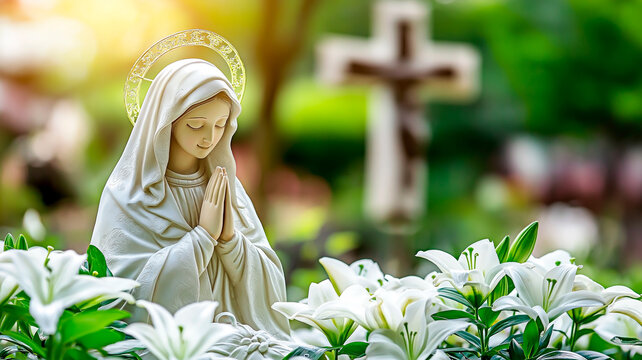Devotional mother mary statue with lilies and a cross on the backdrop. Catholic faith and purity concept.
