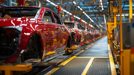 Gleaming red car bodies line up on an automated assembly line, showcasing the precision and scale of modern automotive manufacturing processes.