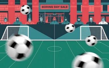 Generative-AI, Football and Boxing Day Celebration with Footballs and Red Sale Banners