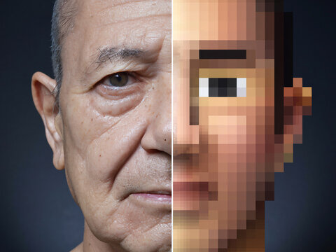 image features striking contrast between human face and pixelated representation, showcasing blend of reality and digital art. This unique composition evokes curiosity and reflection on identity and