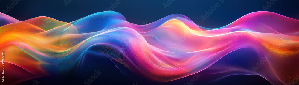 Poster vibrant abstract digital art with flowing waves of colorful light, creating a dynamic and energetic 