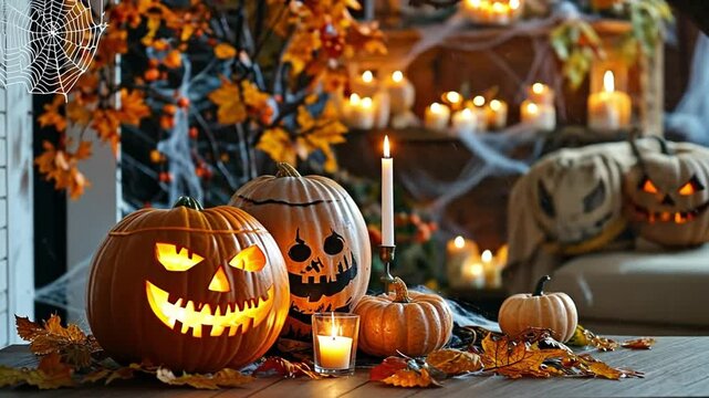 Enchanting Halloween Ambiance. Glowing Pumpkins and Flickering Candles Creating a Spooky Charm