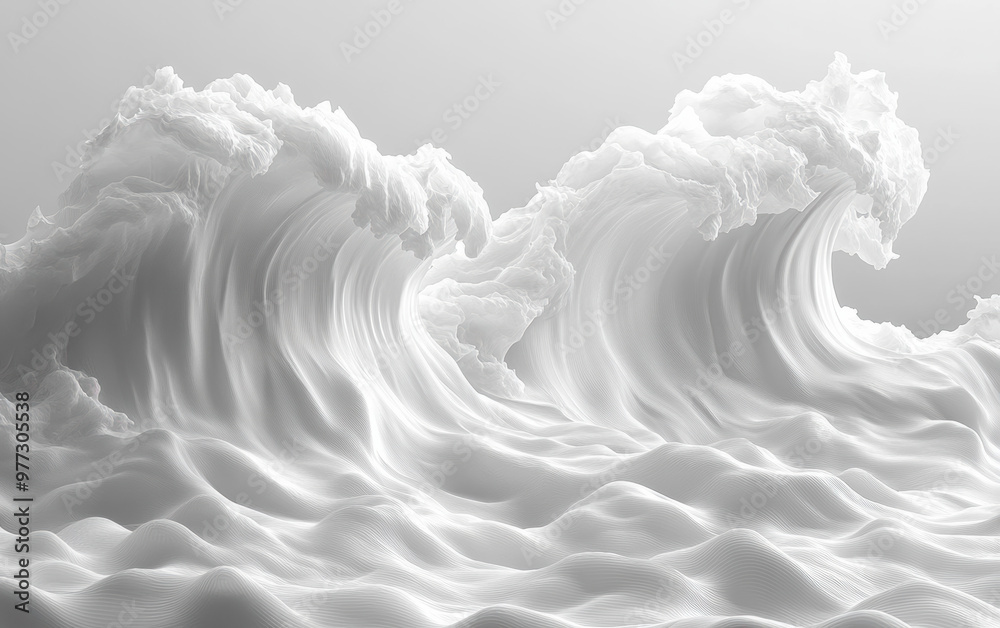 Poster abstract white waves resembling clouds or fabric folds, creating a serene and flowing visual experie