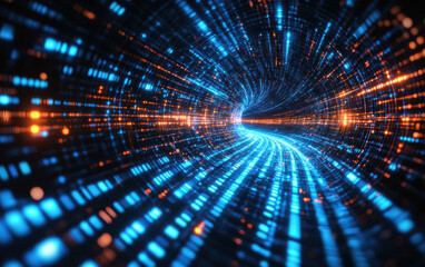 Fototapeta premium Abstract digital tunnel with vibrant blue and orange lights representing data flow, speed, and technology in a futuristic cyberspace background.