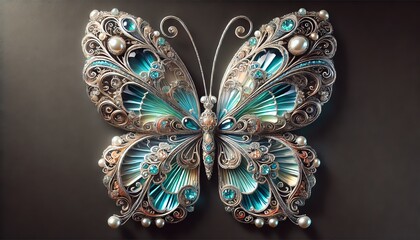 An elegant depiction of a butterfly with intricate, metallic wings crafted from silver and adorned with various types of jewels