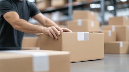 A person moving a box in a warehouse setting, symbolizing logistics, shipping, and the efficiency of warehouse operations. Great for content related to e-commerce, storage, and logistics.