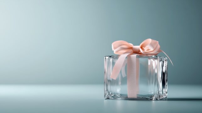 A chic clear rectangular gift box is beautifully adorned with a pale pink bow, set against a subtle gradient background, highlighting simplicity and sophistication.