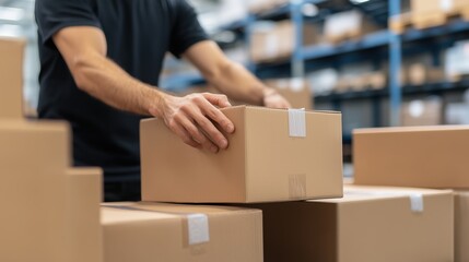 A person moving a box in a warehouse setting, symbolizing logistics, shipping, and the efficiency of warehouse operations. Great for content related to e-commerce, storage, and logistics.