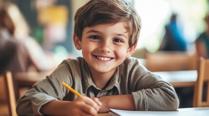Cheerful young student with bright smile eagerly writes in notebook at school desk, embodying enthusiasm for learning in vibrant classroom setting.