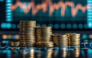 Stacks of golden coins on a digital financial graph, symbolizing wealth, investment, growth, and economic success in the stock market.
