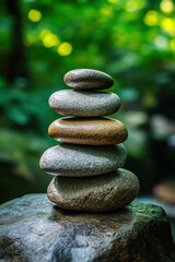 A serene stack of smooth stones balanced on one another, set against a lush green forest background.