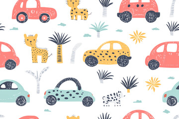 Seamless pattern with cute animal cars for fabric, textile, wrapping, apparel and wallpaper design.