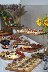 Buffet peasant table with sandwiches, smoked meats and cold snacks.