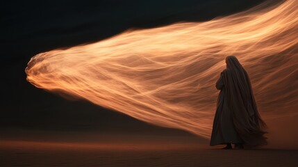A cloaked figure confronts a swirling, fiery mass in an abstract windscape, suggesting themes of self-reflection, resilience, and mystical encounters in a dark, enigmatic desert scene.