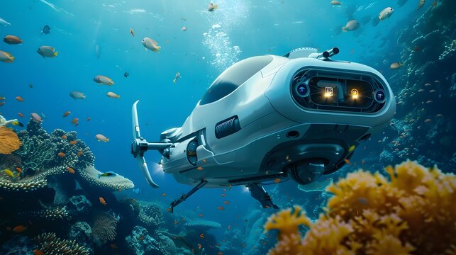 Underwater Exploration Robot: A sleek underwater robot exploring a coral reef, capturing stunning marine life footage. 
