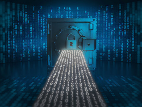 A digital vault with glowing stream of binary code flowing from its lock symbolizes security and data protection. This image captures essence of modern technology and encryption