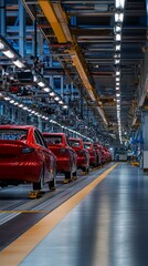 Fototapeta premium Gleaming red vehicles line up on an automotive assembly line, showcasing the precision and scale of modern car manufacturing in a vast, illuminated factory.