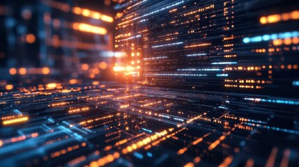 Advanced encryption standard visualized as a glowing, complex code pattern, sharp and sleek cyber environment