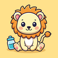 adorable baby cartoon lion holding a milk bottle