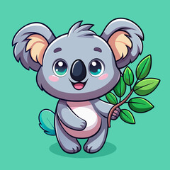 adorable cartoon koala sitting and holding a green leaves