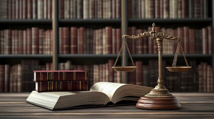 Scales of justice and legal books in a law library, symbolizing the balance of law and justice. Classic representation of legal profession and jurisprudence.
