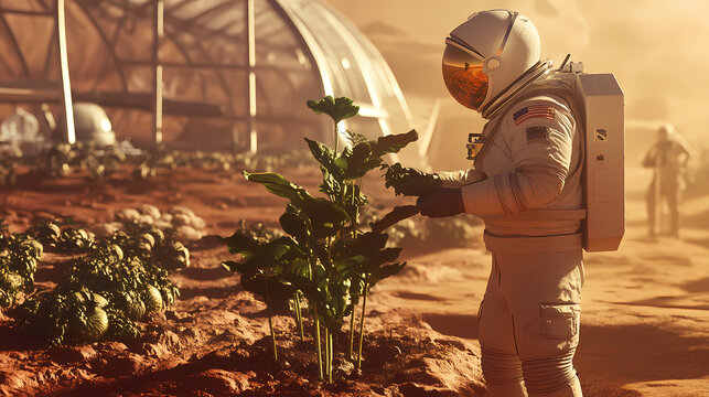 Astronaut growing plant in greenhouse on mars, futuristic fantasy image, colonization of mars red planet, new life, agriculture ai generative. Space Exploration. Illustration