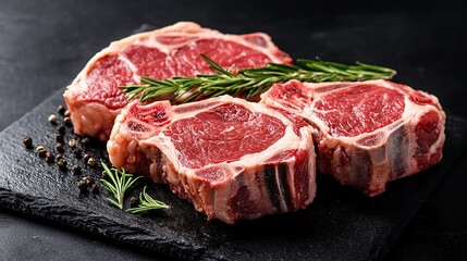 Fototapeta premium Juicy raw ribeye steaks with marbled fat and fresh rosemary sprigs on black slate board. Premium beef cuts ready for grilling or pan-searing.