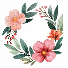 Obraz premium Delicate Floral Wreath with Pink Flowers and Leaves