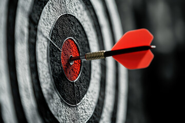 Close-up of a red dart hitting the bullseye on a black and white target, symbolizing precision, accuracy, and achieving goals.