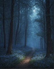 Naklejka premium Mysterious moonlit forest path surrounded by lush blue flowers. Enchanting atmosphere with soft glowing light filtering through trees, perfect for fantasy themes, nature scenes, or magical landscapes.