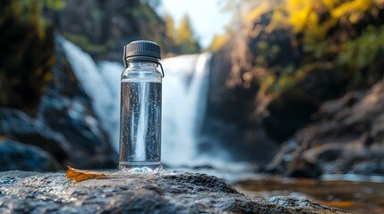 Travel Water Bottle: An eco-friendly travel water bottle standing on a rock with a waterfall in the background.
