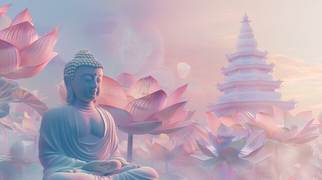 buddha in lotus and temple background in soft pastel color illustration