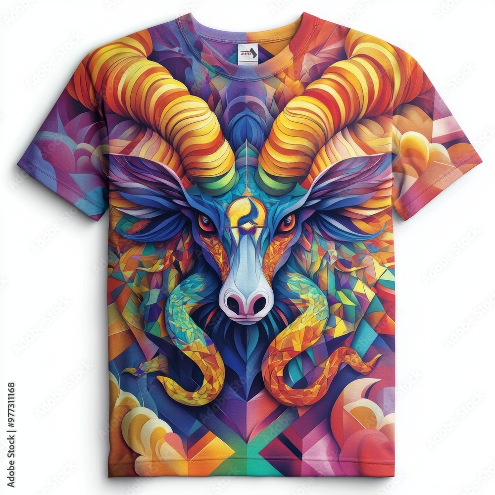 Sticker Colorful graphic t-shirt featuring a stylized ram's head design.