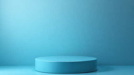 Minimalist blue cylindrical podium against matching blue background. Ideal for display or product showcase in clean, modern design settings.