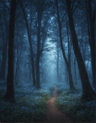 Naklejka premium Mysterious moonlit forest path surrounded by lush blue flowers. Enchanting atmosphere with soft glowing light filtering through trees, perfect for fantasy themes, nature scenes, or magical landscapes.