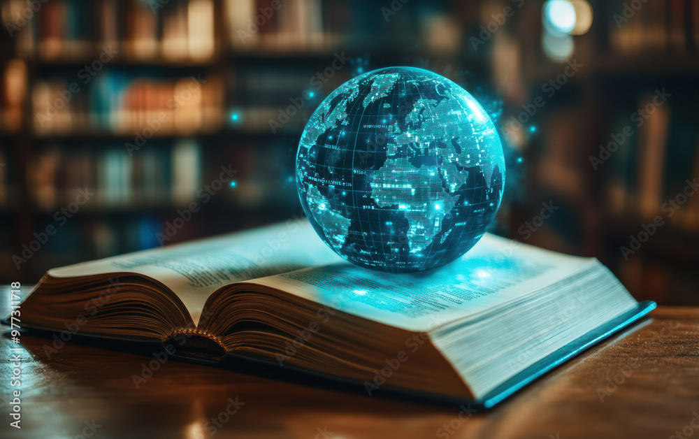 Poster digital globe emerges from open book in a library, symbolizing global knowledge and technology integ