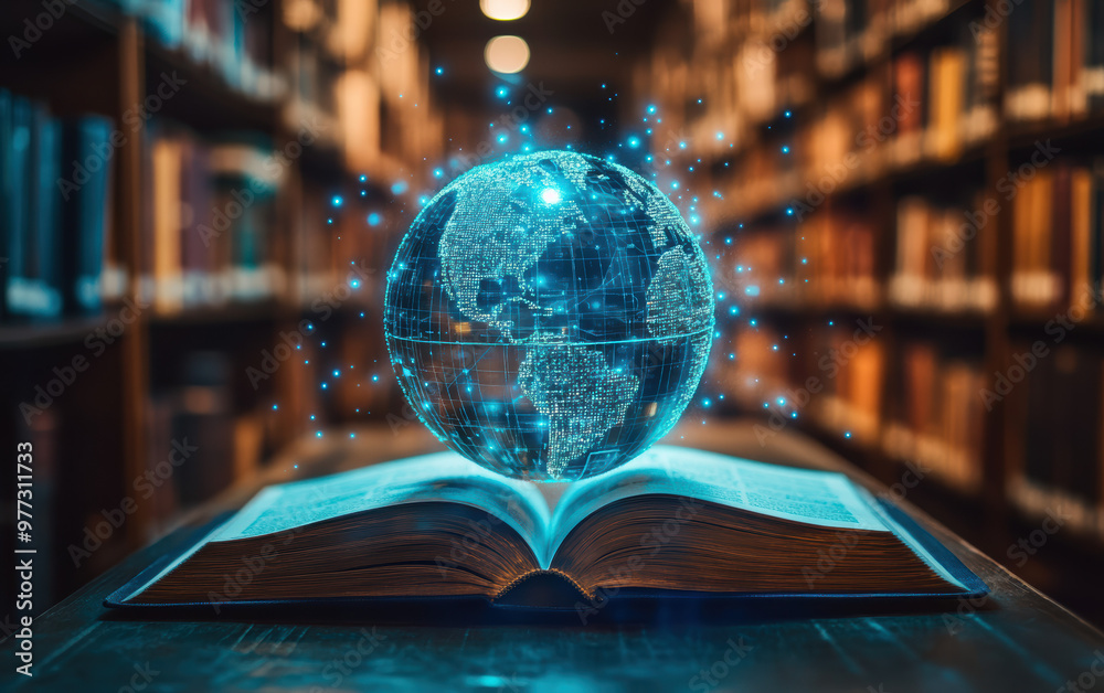 Poster glowing digital globe hovering over an open book in a library symbolizes global knowledge, technolog