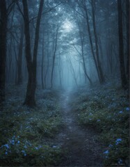 Obraz premium Mysterious moonlit forest path surrounded by lush blue flowers. Enchanting atmosphere with soft glowing light filtering through trees, perfect for fantasy themes, nature scenes, or magical landscapes.