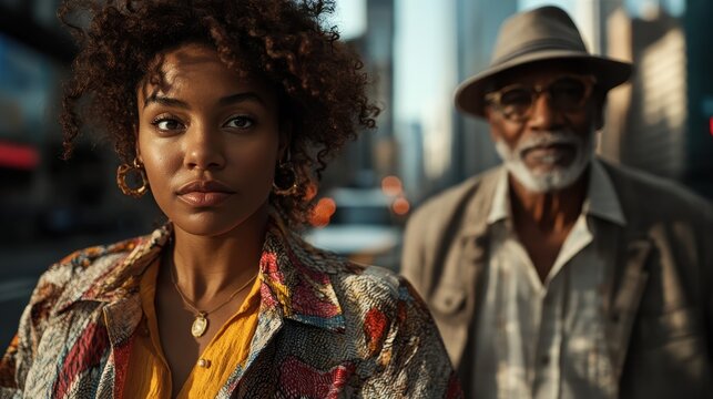 A young woman and an older man are depicted together in the city, their expressions suggesting a generational bond and elegance amidst urban life.