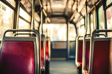 Fototapeta premium Empty red bus seats in warm sunset light, creating a cozy urban scene for commuting and travel