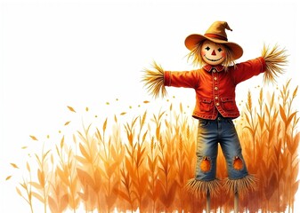 Cheerful scarecrow with friendly smile standing in golden wheat field with copy space