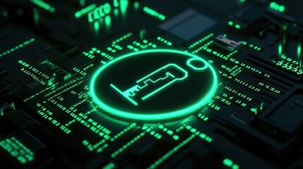 Data protection represented by a glowing digital key surrounded by encrypted code, black and neon green contrast
