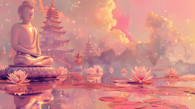 buddha in lotus with temple background for vesak day in soft blue color illustration design