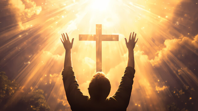Backlit image of a believer hands to heaven worshiping the cross. Backlit. Illustration