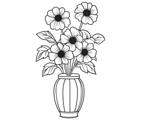 Coloring book worksheet for kids bouquet of flowers in vase 