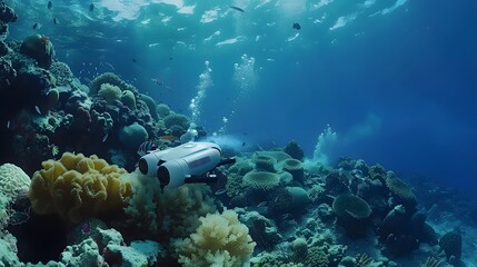 Fototapeta premium Underwater Exploration Robot: A sleek underwater robot exploring a coral reef, capturing stunning marine life footage. 