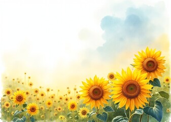 Obraz premium Vibrant Sunflowers in Watercolor with Cheerful Mood Representing Summer Against Soft Sky Background with Copy Space