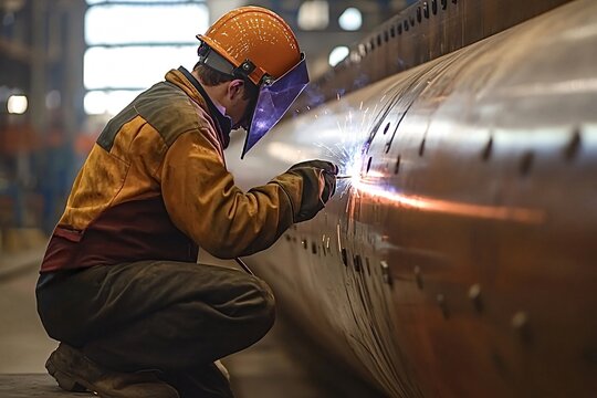 Factory worker wearing protective gear is welding a large metal component. The sparks from the welding torch illuminate the industrial setting